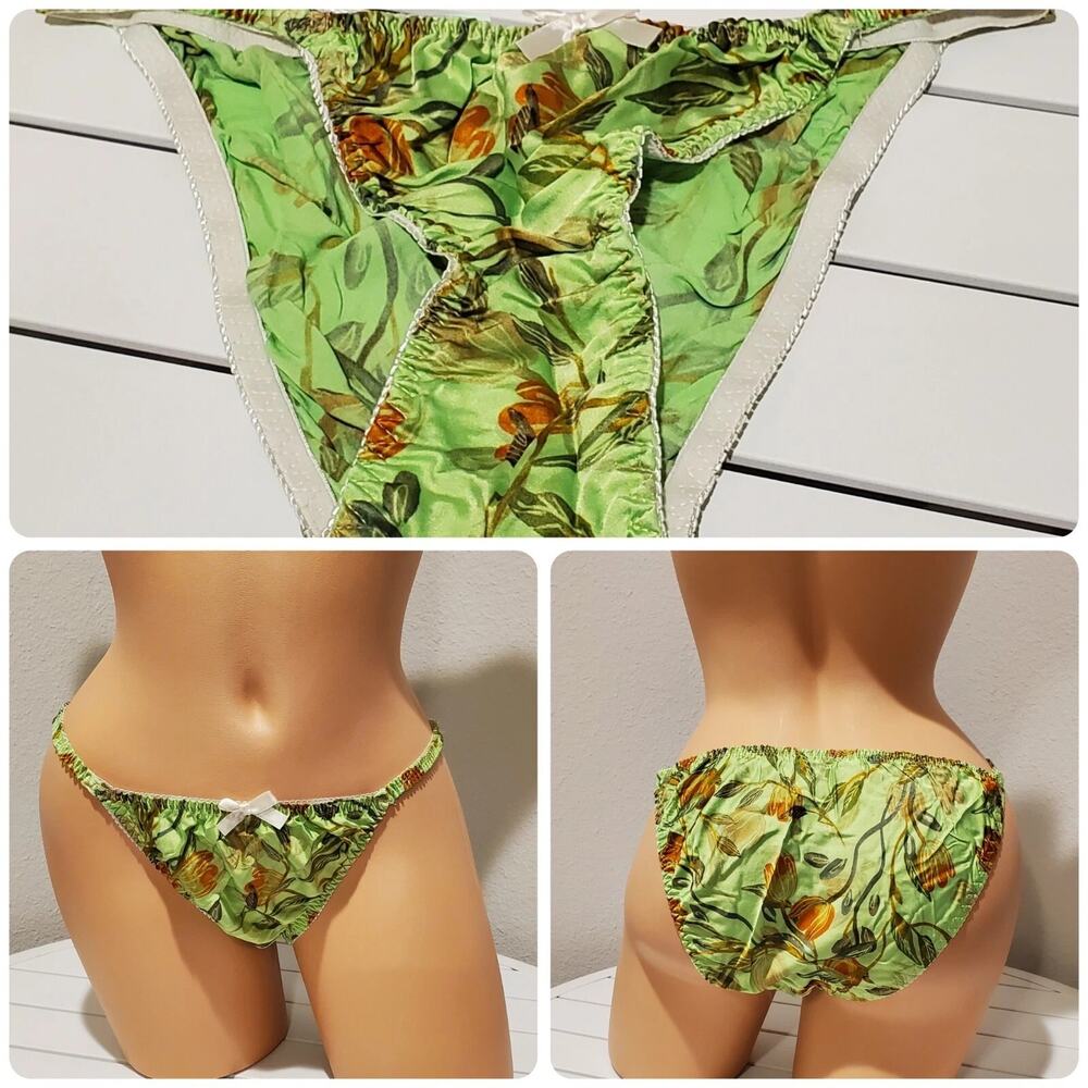 Liquid Satin String Bikini Panty Double Silk Gusset Floral Print Green Apple 7/L